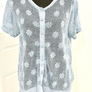 Sky Blue Knit Button-Up Blouse M